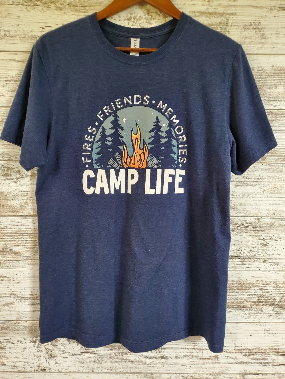 Camp Life Campfire Graphic T-Shirt Navy Blue Outdoor Gorpcore Friends Family
